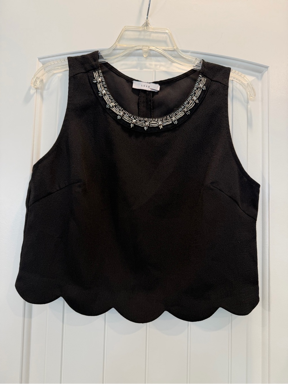 Lush Black Beaded Neckline Scalloped Hem Sleeve
